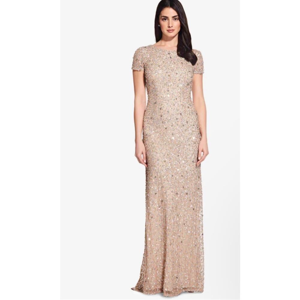 Adriana Papell Formal Dress Gown Sequin Scoop Back Short Sleeve Beige‎ Size 2